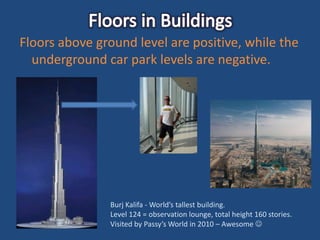 Floors above ground level are positive, while the
  underground car park levels are negative.




               Burj Kalifa - World’s tallest building.
               Level 124 = observation lounge, total height 160 stories.
               Visited by Passy’s World in 2010 – Awesome 
 
