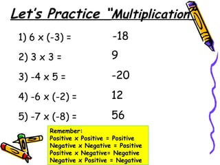 Let’s Practice “Multiplication”
1) 6 x (-3) =
2) 3 x 3 =
3) -4 x 5 =
4) -6 x (-2) =
5) -7 x (-8) =
-18
9
-20
12
56
Remember:
Positive x Positive = Positive
Negative x Negative = Positive
Positive x Negative= Negative
Negative x Positive = Negative
 