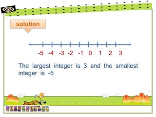 solution
-5 -4 -3 -2 -1 0 1 2 3
The largest integer is 3 and the smallest
integer is -5
 