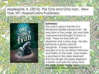 Applegate, K. (2012). The One and Only Ivan. New
York, NY: HarperCollins Publishers.
Summary:
This story is about the life of a
Silverback Gorilla named Ivan. He
was born in the jungle, but was later
captured and brought to live in a
mall. There he lives with an
elephant and a stray dog. He also
befriends a janitor and his
daughter. A baby elephant is
brought in to try to attract attention
and traffic to the mall. Ivan makes
a promise to the older elephant
that he will get the baby elephant
a better and safe life away from
the mall. It also shows Ivan
adapting to different ways of living.
 