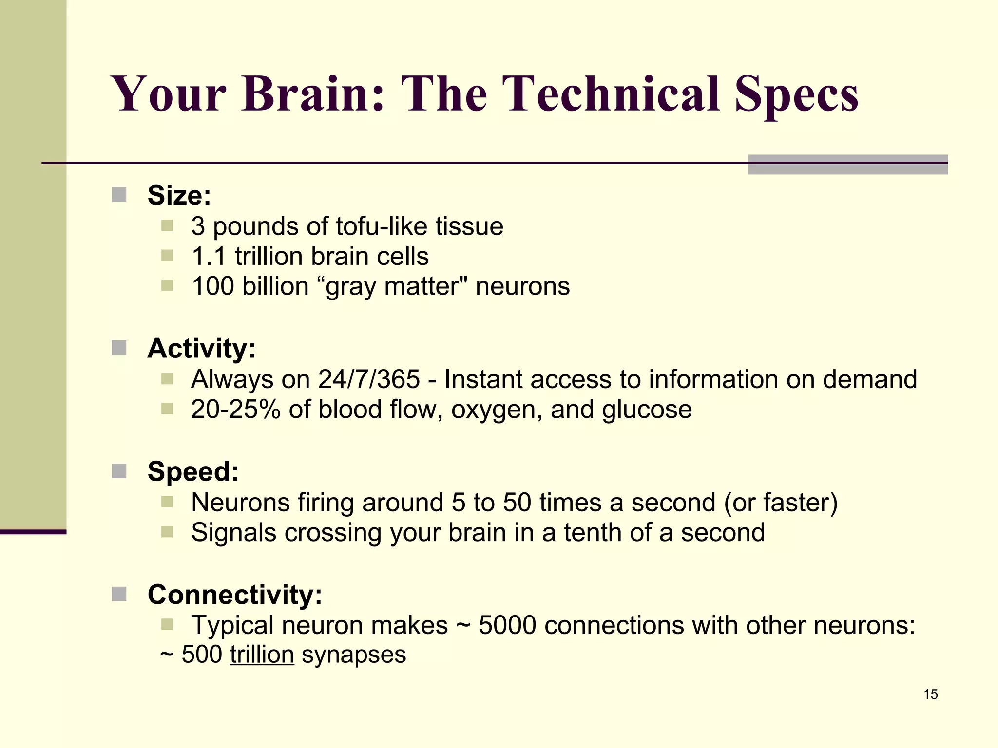 Your Brain: The Technical Specs Size: 3 pounds of tofu-like tissue 1.1 trillion brain cells 100 billion “gray matter" neurons Activity: Always on 24/7/365 - Instant access to information on demand 20-25% of blood flow, oxygen, and glucose Speed: Neurons firing around 5 to 50 times a second (or faster) Signals crossing your brain in a tenth of a second Connectivity: Typical neuron makes ~ 5000 connections with other neurons:   ~ 500  trillion  synapses 