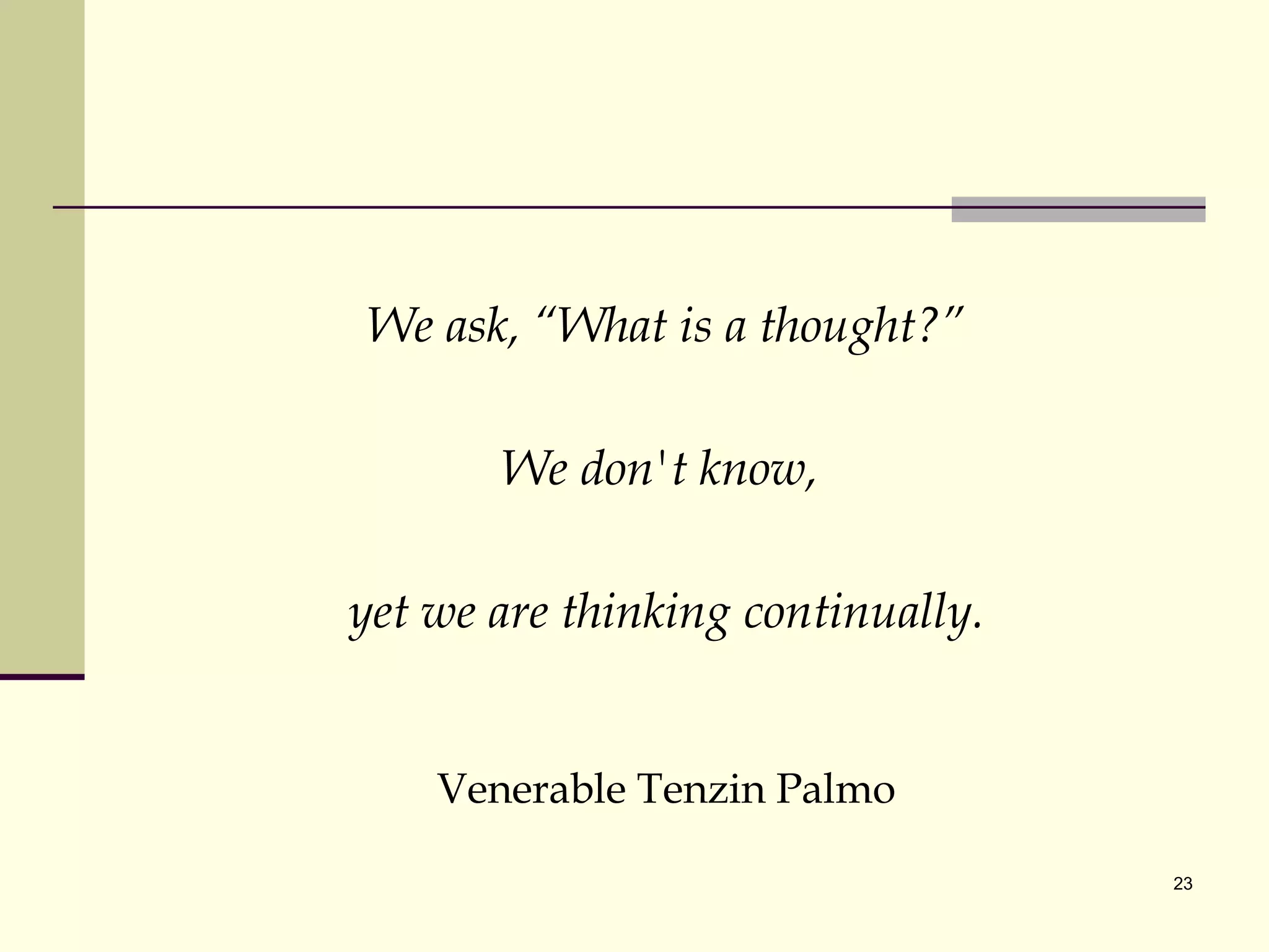 We ask, “What is a thought?” We don't know,  yet we are thinking continually. Venerable Tenzin Palmo 