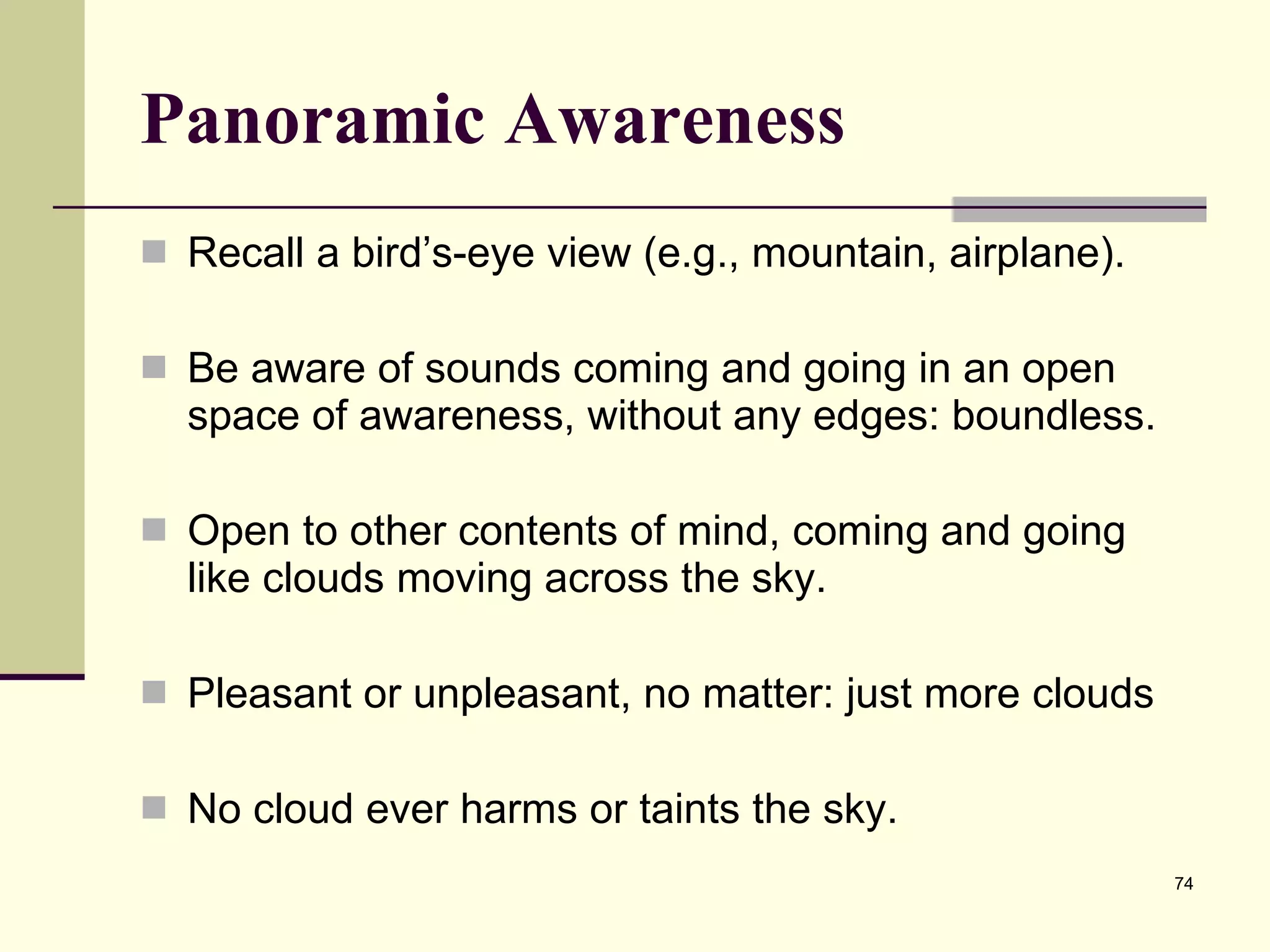 Panoramic Awareness Recall a bird’s-eye view (e.g., mountain, airplane).  Be aware of sounds coming and going in an open space of awareness, without any edges: boundless.  Open to other contents of mind, coming and going like clouds moving across the sky.  Pleasant or unpleasant, no matter: just more clouds No cloud ever harms or taints the sky.  