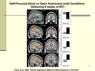 Farb, et al. 2007.  Social Cognitive Affective Neuroscience , 2:313-322 Self-Focused (blue) vs Open Awareness (red) Conditions  (following 8 weeks of MT) 