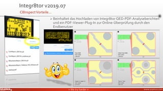 » We try harder «» We try harder « www.ucamco.com
➢ Beinhaltet das Hochladen von Integr8tor QED-PDF-Analyseberichten
und ein PDF-Viewer-Plug-In zur Online-Überprüfung durch den
Endbenutzer
Integr8tor v2019.07
C8InspectVorteile…
 