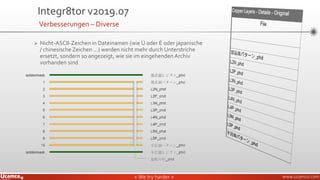 » We try harder «» We try harder « www.ucamco.com
Integr8tor v2019.07
Verbesserungen – Diverse
➢ Nicht-ASCII-Zeichen in Dateinamen (wie Ü oder Ė oder japanische
/ chinesischeZeichen ...) werden nicht mehr durch Unterstriche
ersetzt, sondern so angezeigt, wie sie im eingehenden Archiv
vorhanden sind
 