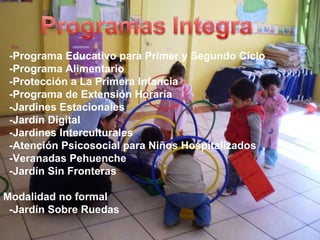 -Programa Educativo para Primer y Segundo Ciclo -Programa Alimentario -Protección a La Primera Infancia -Programa de Extensión Horaria -Jardines Estacionales -Jardín Digital -Jardines Interculturales -Atención Psicosocial para Niños Hospitalizados -Veranadas Pehuenche -Jardín Sin Fronteras Modalidad no formal -Jardín Sobre Ruedas 