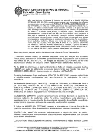 PODER JUDICIÁRIO DO ESTADO DE RONDÔNIA
Porto Velho - Fórum Criminal
Av. Rogério Weber, 1928, Centro, 76.801-030
e-mail:
Fl.______
_________________________
Cad.
Documento assinado digitalmente em 31/07/2014 15:29:34 conforme MP nº 2.200-2/2001 de 24/08/2001.
Signatário: CARLOS AUGUSTO TELES DE NEGREIROS:1011359
PVH1MILITAR-118 - Número Verificador: 1501.2009.0044.7251.423200 - Validar em www.tjro.jus.br/adoc
Pág. 12 de 91
além das condutas criminosas já descritas na exordial, a ré MARIA HELENA
CARDOSO DOS SANTOS, adrede mancomunada e em conjugação de esforços
com os demais réus, principalmente RAPHAEL THOMAZ AQUINO FELISMINO, no
dia 16/09/2009, por volta das 16:00 h, adentrou a Casa Lotérica localizada na av.
Calama, n.º 3968, bairro Embratel, nesta Capital e comarca e, de posse de uma
folha de cheque de um talonário subtraído/desviado nos correios, de propriedade
de MÁRCIO AURÉLIO GONÇALVES FERREIRA, pagou, dolosamente em
golpe/estelionato, contas no valor de R$ 4.192,61 (quatro mil cento e noventa e
dois reais e dessenta e um centavos), causando prejuízo considerável aos
proprietários da lotérica eis que o cheque não pode ser compensado e as faturas
foram pagas na responsabilidade do estabelecimento comercial. Na oportunidade,
foram quitadas, inclusive, faturas em nome do nome fantasia “RAFHAEL
TOMAZINE DE AQUINO”, docs. de fl. 666, fl. 672 e fls. 373 (utilizado falsamente
por RAPHAEL THOMAZ AQUINO FELISMINO). Também, a própria ré MARIA
HELENA pagou conta em seu próprio nome, conforme documento do Banccob, fl.
674, no valor de R$ 176,03 (cento e setenta e seis reais e três centavos).”
Ainda, requereu o parquet, a oitiva da testemunha Juliana de Souza Vasconcelos.
O Ministério Público deixou de oferecer alegações finais em relação aos acusados
FRANCELIZE, ELENILSON e GIOVANI, por estarem revéis no processo e com suspensão
nos termos do art. 366 do CPP, em relação ao acusado LUIZ CARLOS por ter sido
desmembrado o feito e em relação a MARIA HELENA face o aditamento à denúncia.
Às fls. 2953 foi determinado o desmembramento do feito em relação a acusada MARIA
HELENA, em razão do aditamento à denúncia, determinando sua inclusão nos autos nº
0006353-73.2010.8.22.0501 desmembrados em relação a LUIZ CARLOS.
Em sede de alegações finais a defesa de JONATAS (fls. 2961/2962) requereu a absolvição
e subsidiariamente manifestou-se pelo reconhecimento de participação de menor
importância.
As defesas de AMANDA (fls. 2963/2970), LUANNA (fls. 2999/3002), ALESSANDRA SALES
(fls. 3007/3008), DINORÁ (fls. 3017/3022), MÁRCIO (fls. 3029/3031), JORGIANO (fls.
3032/3035), IVANI e LUCIANA (fls. 3036/3037), GILIAN (fls. 3052/3054), CÁIO CÉSAR (fls.
3058/3070), JACKSON (fls. 3137/3139), ANTÔNIO (fls. 3154/3157), DÊMISSON (fls.
3198/3203), em sede de alegações finais, manifestaram-se pela absolvição.
MARCELO (fls. 2974/2998) sustentou preliminarmente a inépcia da inicial e a ausência do
elemento subjetivo do estelionato (dolo). No mérito, manifestou-se pela absolvição e
subsidiariamente o reconhecimento da circunstância atenuante da confissão espontânea,
arrependimento posterior e aplicação da suspensão condicional do processo.
A defesa de WILLIAN (fls. 3003/3006) requereu a absolvição do crime de formação de
quadrilha e quanto ao crime de estelionato o afastamento do concurso material de crimes.
ROGÉRIO (fls. 3009/3016) sustentou preliminarmente a inépcia da inicial. No mérito,
requereu a absolvição e subsidiariamente o reconhecimento da primariedade, bom conceito
social e bons antecedentes.
LUCIDALVA (fls. 3023/3025) também sustentou preliminarmente a inépcia da inicial. Quanto
 