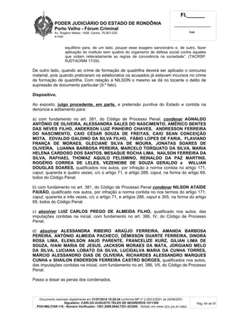 PODER JUDICIÁRIO DO ESTADO DE RONDÔNIA
Porto Velho - Fórum Criminal
Av. Rogério Weber, 1928, Centro, 76.801-030
e-mail:
Fl.______
_________________________
Cad.
Documento assinado digitalmente em 31/07/2014 15:29:34 conforme MP nº 2.200-2/2001 de 24/08/2001.
Signatário: CARLOS AUGUSTO TELES DE NEGREIROS:1011359
PVH1MILITAR-118 - Número Verificador: 1501.2009.0044.7251.423200 - Validar em www.tjro.jus.br/adoc
Pág. 64 de 91
equilíbrio para, de um lado, poupar esse exagero sancionário e, de outro, fazer
aplicação do instituto sem quebra do organismo de defesa social contra aqueles
que violam reiteradamente as regras de convivência na sociedade”. (TACRSP.
RJDTACRIM 17/29).
De outro lado, quando ao crime de formação de quadrilha deverá ser aplicado o concurso
material, pois quando praticaram os estelionatos os acusados já estavam incursos no crime
de formação de quadrilha. Com relação à NILSON o mesmo se dá no tocante o delito de
supressão de documento particular (9.º fato).
Dispositivo.
Ao exposto, julgo procedente, em parte, a pretensão punitiva do Estado e contida na
denúncia e aditamento para:
a) com fundamento no art. 381, do Código de Processo Penal, condenar AGNALDO
ANTÔNIO DE OLIVEIRA, ALESSANDRA SALES DO NASCIMENTO, AMÉRICO BENTES
DAS NEVES FILHO, ANDERSON LUIZ PINHEIRO CHAVES, ANDRESSON FERREIRA
DO NASCIMENTO, CAIO CÉSAR SOUZA DE FREITAS, CAIO SEAN CONCEIÇÃO
MOTA, EDVALDO GALDINO DA SILVA FILHO, FÁBIO LOPES DE FARIA, FLAVIANO
FRANÇA DE MORAES, GLECIANE SILVA DE MOURA, JONATAS SOARES DE
OLIVEIRA, LUANNA BARBOSA PEREIRA, MARCELO TORQUATO DA SILVA, MARIA
HELENA CARDOSO DOS SANTOS, MESAQUE ROCHA LIMA, NAILSON FERREIRA DA
SILVA, RAFHAEL THOMAZ AQUILO FELISMINO, REINALDO DA PAZ MARTINS,
ROGÉRIO CORREA DE LELES, VEZENEIBE DE SOUZA GERALDO e WILLIAN
DOUGLAS SOARES, qualificados nos autos, por infração a norma contida no artigo 171,
caput, quarenta e quatro vezes, c/c o artigo 71, e artigo 288, caput, na forma do artigo 69,
todos do Código Penal.
b) com fundamento no art. 381, do Código de Processo Penal condenar NILSON ATAÍDE
PAIXÃO, qualificado nos autos, por infração a norma contida no nos termos do artigo 171,
caput, quarenta e três vezes, c/c o artigo 71, e artigos 288, caput e 305, na forma do artigo
69, todos do Código Penal.
c) absolver LUIZ CARLOS PREGO DE ALMEIDA FILHO, qualificado nos autos, das
imputações contidas na inicial, com fundamento no art. 386, IV, do Código de Processo
Penal;
d) absolver ALESSANDRA RIBEIRO ARAÚJO FERREIRA, AMANDA BARBOSA
PEREIRA, ANTÔNIO ALMEIDA PACHECO, DÊMISSON DUARTE FERREIRA, DINORÁ
ROSA LIMA, ELENILSON ANJO PARENTE, FRANCELIZE KURZ, GILIAN LIMA DE
SOUZA, IVANI MARIA DE JESUS, JACKSON MORAES DA MATA, JORGIANO MELO
DA SILVA, LUCIANA LOBATO DA SILVA, LUCIDALVA MARIA DA CUNHA TORRES,
MÁRCIO ALESSANDRO DIAS DE OLIVEIRA, RICHARDES ALESSANDRO MARQUES
CUNHA e SHAILON ENDERSON FERREIRA CASTRO BORGES, qualificados nos autos,
das imputações contidas na inicial, com fundamento no art. 386, VII, do Código de Processo
Penal.
Passo a dosar as penas dos condenados.
 