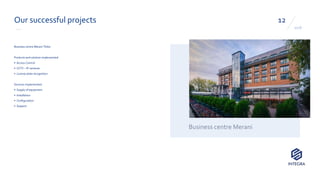 2018
12
Business centre Merani
Our successful projects
Business centre Merani Tbilisi
Products and solution implemented:
• Access Control
• CCTV – IP cameras
• License plate recognition
Services implemented:
• Supply of equipment
• Installation
• Configuration
• Support
 