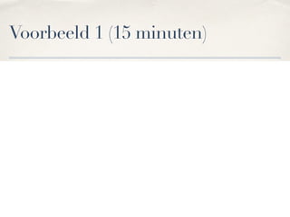Gegeven is een piramide met een hoogte van h en een driehoekig
grondvlak dat gelijkbenig en rechthoekig is en waarbij de
rechthoekszijden lengte b hebben.
Bereken m.b.v integreren de inhoud van de piramide.
stap 1: Probeer de inhoud te berekenen, zodat je het antwoord al
hebt.
Voorbeeld 1 (15 minuten)
Ipiramide = 1
3 ⋅G ⋅h = 1
3 ⋅ 1
2 ⋅b⋅b⋅h = 1
6 b2
h
 
