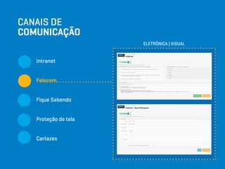 CANAIS DE
COMUNICAÇÃO
Intranet
Falecom
Fique Sabendo
Proteção de tela
Cartazes
ELETRÔNICA | VISUAL
 