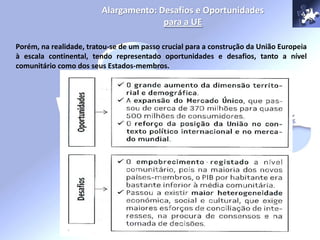 Porém, na realidade, tratou-se de um passo crucial para a construção da União Europeia
à escala continental, tendo representado oportunidades e desafios, tanto a nível
comunitário como dos seus Estados-membros.
Alargamento: Desafios e Oportunidades
para a UE
 