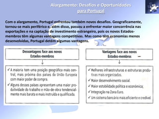 Com o alargamento, Portugal enfrentou também novos desafios. Geograficamente,
tornou-se mais periférico e, além disso, passou a enfrentar maior concorrência nas
exportações e na captação de investimento estrangeiro, pois os novos Estados-
membros têm algumas vantagens competitivas. Mas como têm economias menos
desenvolvidas, Portugal detém algumas vantagens.
Alargamento: Desafios e Oportunidades
para Portugal
 