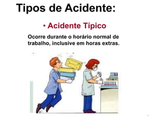 11
Tipos de Acidente:
• Acidente Típico
Ocorre durante o horário normal de
trabalho, inclusive em horas extras.
 