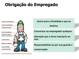 21
Usá-lo para a finalidade a que se
destina;
Responsabilizar-se por sua guarda e
conservação.
Obrigação do Empregado
Comunicar ao empregador qualquer
alteração que o torne impróprio ao
uso;
 