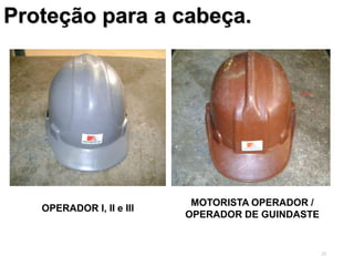25
Proteção para a cabeça.
OPERADOR I, II e III
MOTORISTA OPERADOR /
OPERADOR DE GUINDASTE
 