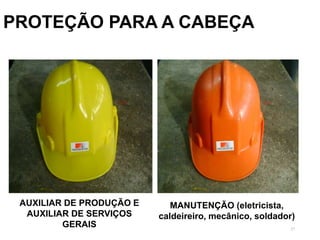 27
AUXILIAR DE PRODUÇÃO E
AUXILIAR DE SERVIÇOS
GERAIS
PROTEÇÃO PARA A CABEÇA
MANUTENÇÃO (eletricista,
caldeireiro, mecânico, soldador)
 