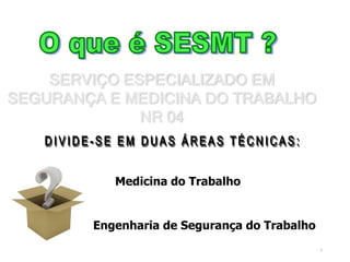 3
Medicina do Trabalho
Engenharia de Segurança do Trabalho
SERVIÇO ESPECIALIZADO EM
SEGURANÇA E MEDICINA DO TRABALHO
NR 04
 