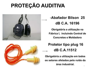 31
PROTEÇÃO AUDITIVA
-Abafador Bilson 25
dB C.A. 16196
Obrigatória a utilização na
Fábrica I, incluindo Central de
Concretos e Moldadora
Protetor tipo plug 16
dB C.A.11512
Obrigatória a utilização em todos
os setores afetados pelo ruído da
área industrial.
 