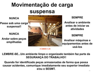 62
Movimentação de carga
suspensa
NUNCA
Passe sob uma carga
suspensa!!
NUNCA
Andar sobre peças
empilhadas
SEMPRE
Analisar máquinas e
equipamentos antes de
usá-los
SEMPRE
Analisar o ambiente
antes de iniciar as
atividades
LEMBRE-SE...Um ambiente limpo e organizado também faz parte da
SEGURANÇA DO TRABALHO!!
Quando for identificado peças armazenadas de forma que possa
causar acidentes, comunique imediatamente seu superior imediato
e/ou o SESMT.
FÁBRICA II
 