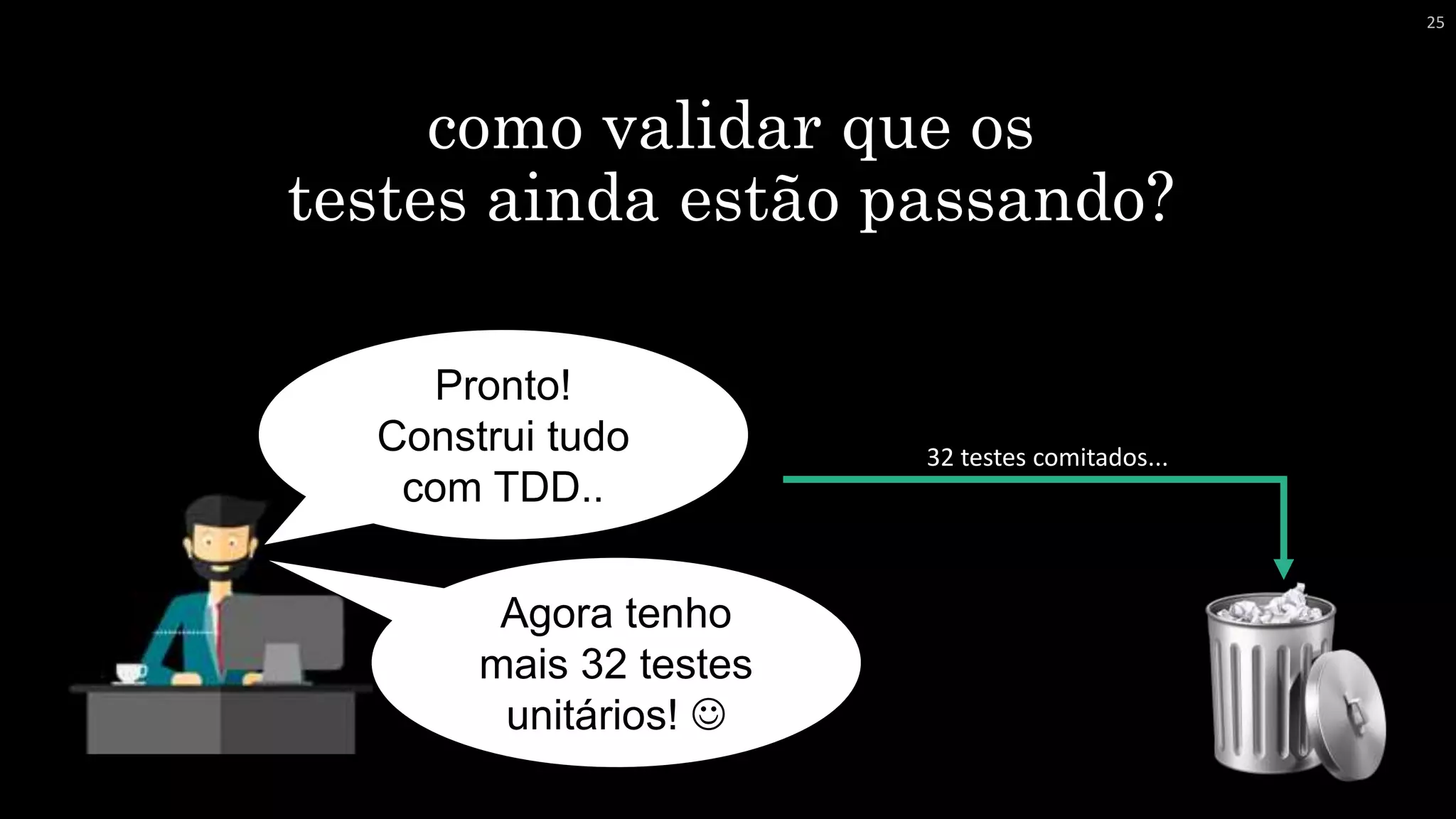 Agora tenho
mais 32 testes
unitários! 
Pronto!
Construi tudo
com TDD..
como validar que os
testes ainda estão passando?
32 testes comitados...
25
 