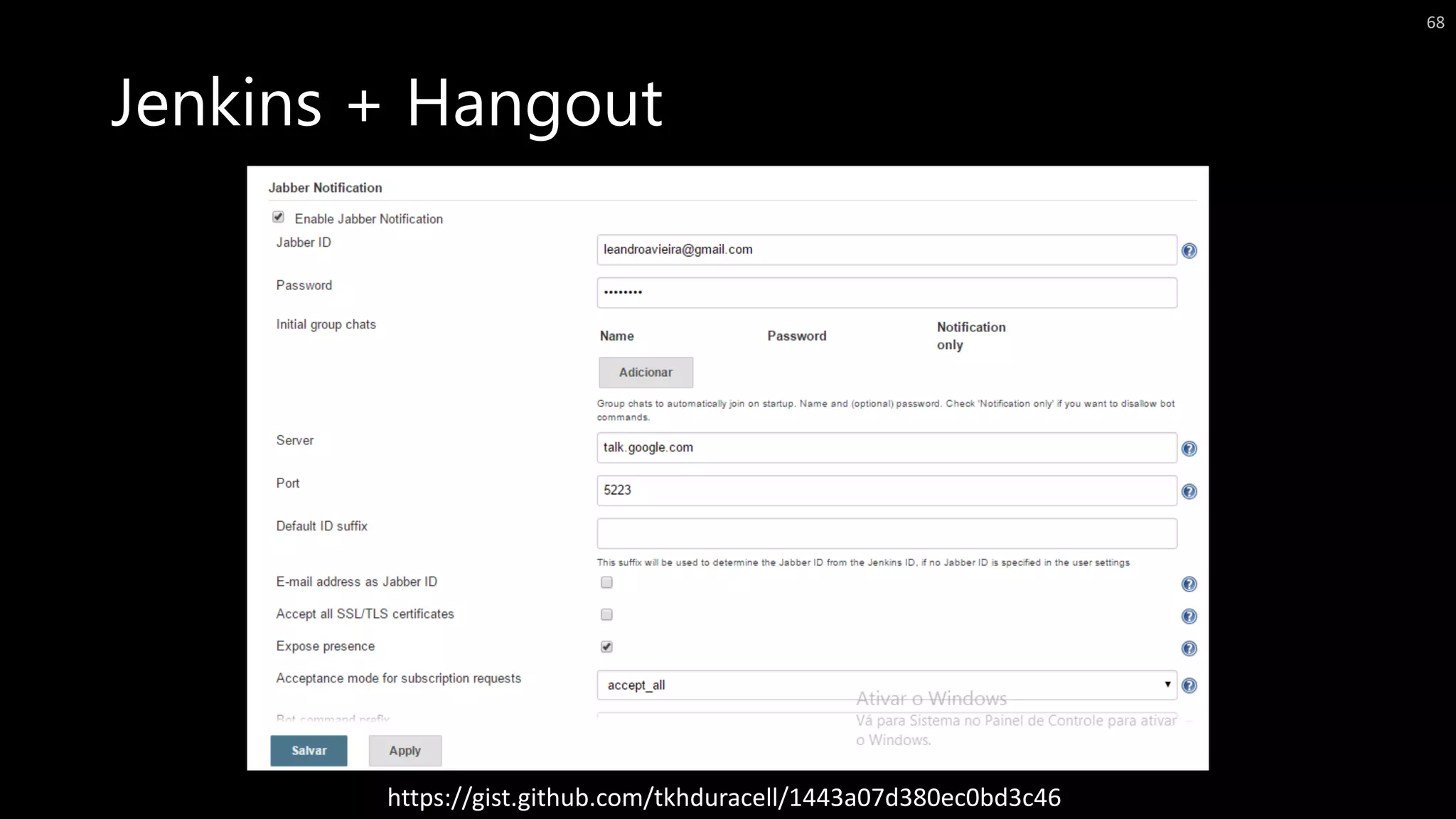 Jenkins + Hangout
68
https://gist.github.com/tkhduracell/1443a07d380ec0bd3c46
 