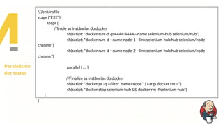 Paralelismo
dos testes
//Jenkinsfile
stage ("E2E"){
steps {
//Inicie as instâncias do docker
sh(script: "docker run -d -p 4444:4444 --name selenium-hub selenium/hub")
sh(script: "docker run -d --name node-1 --link selenium-hub:hub selenium/node-
chrome")
sh(script: "docker run -d --name node-2 --link selenium-hub:hub selenium/node-
chrome")
parallel ( … )
//Finalize as instâncias do docker
sh(script: "docker ps -q --filter 'name=node*' | xargs docker rm -f")
sh(script: "docker stop selenium-hub && docker rm -f selenium-hub")
}
}
 