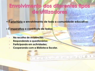 ⋆ É prioritário o envolvimento de toda a comunidade educativa:

⋆ É imperativo o contributo de todos:


  •   Na recolha de evidências;
  •   Respondendo a questionários;
  •   Participando em actividades;
  •   Cooperando com a Biblioteca Escolar.
 