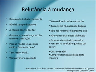 Relutância à mudança
• Demasiado trabalho pendente
• Não há tempo disponível
• A equipa não vai aceitar
• Gostamos de mudança se não
envolver alterações
• Porquê mudar se as coisas
estão a funcionar bem?
• Tem razão, MAS...
• Vamos voltar à realidade
• Vamos dormir sobre o assunto
• Burro velho não aprende línguas
• Vou-me reformar no próximo ano
• Não vai resultar nesta biblioteca
• Estamos demasiado ocupados
• Pensem na confusão que isso vai
gerar!
• Outra vez não!
• Sempre fizémos as coisas desta
maneira
Adaptado de Todd, Ross, School Libraries and Evidence-Based Practice: Dynamic
Strategies and Outcomes (2003)
 