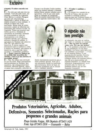 Exclusivo
economia. O senhor concorda com
isso?
R - Eu creio que cada país tem sua
realidade. Você não pode trazer, por
exemplo, o resultado da Argentina,
Chile, Bolívia e o próprio Paraguai,
que está com uma economia
regularizada, e aplicar no Brasil um
modelo estranho à nossa realidade. A
inflação no Brasil tem várias
motivações. Muitas delas de ordem
estrutural e podem ser diferentes das
enfrentadas pelo ministro Cavallo, na
Argentina. Temos que procurar uma
receita que leve a retomada do
crescimento na economia, retomada
dos investimentos, a volta dos
financiamentos e em relação à
economia agrícola, que o governo
enfrenta a questão do subsídio. A
agricultura no Nordeste não sobrevive
com TR e não sobrevive sem
incentivos. E preciso superar esses
preconceitos entre os políticos e voltar
a praticar no Nordeste, uma política de
incentivos, sem a qual não vamos
recuperar a estabilidade econômica.
IV - Desde a época de Mailson que
era proibido falar em política dos
subsídios. Trata-se de uma abertura ou
necessidade mesmo?
R - Não. Ela reflete uma convicção
de que nós temos. Pelas características
sócio-econômicas do Nordeste. Sem
incentivos, não conseguiremos fazer
economia, sobretudo agrícola. Agora:
os países mais avançados, sobretudo na
Europa e nos Estados Unidos também,
países que tenham aplicado a chamada
política liberal, adotam subsídios para a
agricultura, a fim de que cada nação
tenha as condições de competição.
Hoje nós estamos importando muitos
produtos agrícolas incentivados e não
damos internamente incentivos para o
nosso produtor agrícola. Acho que é
um preconceito trazido ou construído
pela tecnocracia, dentro de bases, de
doutrinas econômicas que se chocam
com a realidade nacional.
IV - O senhor é candidato a
governador?
R - Eu sempre tive vontade de ser.
Para lhe ser franco, não me sinto
reunindo as condições políticas
objetivas para isso. Continuo sendo até
como forma de estímulo, um objetivo a
O algodão não
tem prestígio
ser alcançado, mas para ser realista,
não tenho as condições no momento.
IV - Mas seu nome foi cogitado
várias vezes. Por que não aceitou?
R - Um candidato a deputado é dono
de sua candidatura. Eu me lanço
candidato, vou buscar apoio para mim.
Um candidato a governador - é fruto
de um esquema político. E esse
esquema envolve partidos. Envolve
disponibilidades financeiras. Posso
conseguir montar um esquema político,
mas não sei se posso montar um
esquema financeiro. E a eleição hoje,
lamentável, desgraçadamente, vai se
tornando cada vez menos um
fenômeno político que um fato
financeiro irrecusável.
Produtos Veterinários, Agrícolas, Adubos,
Defensivos, Sementes Selecionadas, Rações para
pequenos e grandes animais
Praça Getúlio Vargas, 308 Depósito (073)451-1424
Fone: loja (073)451-2036 - Guanambi - Bahia
Iriltgraço do ' ale, .Junho. 1993
 