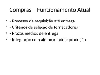 Compras – Funcionamento Atual
• - Processo de requisição até entrega
• - Critérios de seleção de fornecedores
• - Prazos médios de entrega
• - Integração com almoxarifado e produção
 