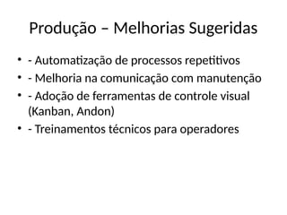 Produção – Melhorias Sugeridas
• - Automatização de processos repetitivos
• - Melhoria na comunicação com manutenção
• - Adoção de ferramentas de controle visual
(Kanban, Andon)
• - Treinamentos técnicos para operadores
 