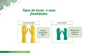 Pisos e
lavação em
geral
Luva amarela
Banheiros e
coleta de
resíduos
Luva verde
Tipos de luvas e suas
finalidades
www.guimaconseco.com.br
 