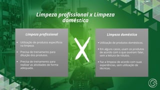 Limpeza profissional x Limpeza
doméstica
Limpeza profissional Limpeza doméstica
▪ Utilização de produtos específicos
na limpeza.
▪ Precisa de treinamento para
diluição dos produtos.
▪ Precisa de treinamento para
realizar as atividades de forma
adequada.
▪ Utilização de produtos domésticos.
▪ Em alguns casos, usam os produtos
de acordo com o que ouviram falar,
sem a leitura de rótulos.
▪ Faz a limpeza de acordo com suas
experiências, sem utilização de
técnicas.
 