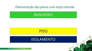 Padronização dos panos com tarja colorida
BANHEIRO
PISO
ISOLAMENTO
www.guimaconseco.com.br
 