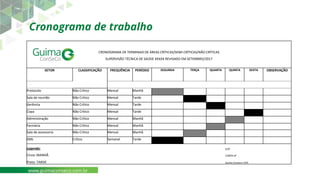 CRONOGRAMA DE TERMINAIS DE ÁREAS CRÍTICAS/SEMI-CRÍTICAS/NÃO CRÍTICAS
SUPERVISÃO TÉCNICA DE SAÚDE XXXXX REVISADO EM SETEMBRO/2017
SETOR CLASSIFICAÇÃO FREQUÊNCIA PERÍODO SEGUNDA TERÇA QUARTA QUINTA SEXTA OBSERVAÇÃO
Protocolo Não Crítico Mensal Manhã
Sala de reunião Não Crítico Mensal Tarde
Gerência Não Crítico Mensal Tarde
Copa Não Crítico Mensal Tarde
Administração Não Crítico Mensal Manhã
Farmácia Não Crítico Mensal Manhã
Sala de assessoria Não Crítico Mensal Manhã
DML Crítico Semanal Tarde
Legenda: Enfª
Cinza: MANHÃ COREN-SP
Preto: TARDE Guima Conseco LTDA.
Cronograma de trabalho
www.guimaconseco.com.br
 