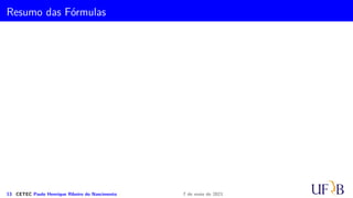 Regra 3/8 de Simpson
Na Regra regra 3/8 de Simpson, aproxima-se a função por um polinômio de terceiro
grau, de forma que são necessários 4 pontos para obter esse polinômio por
interpolação.
Para ter os pontos, divide-se o intervalo [a, b] em três subintervalos igualmente
espaçados de h. Dessa forma,
h =
b − a
3
,
em que , x0 = a, x1 = a + h, x2 = a + 2h e x3 = a + 3h.
Assim, o polinômio de terceiro grau P3(x) pode ser obtido pela fórmula de Lagrange.
A integral pelo método 3/8 de Simpson
Z b
a
P3(x)dx =
3h
8
(y0 + 3y1 + 3y2 + y3).
11 CETEC Paulo Henrique Ribeiro do Nascimento 7 de maio de 2021
 