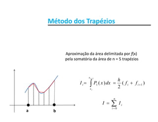 Método dos TrapéziosMétodo dos Trapézios
Aproximação da área delimitada por f(x)Aproximação da área delimitada por f(x) 
pela somatória da área de n = 5 trapézios
)()( 11
1
 

ii
x
i ff
h
dxxPI
i
)(
2
)( 11  ii
x
i ffdxxPI
i
n
ba


n
i
iII
0
 