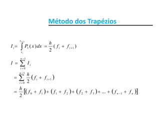 Método dos TrapéziosMétodo dos Trapézios
)(
2
)( 11
1
 

ii
x
x
i ff
h
dxxPI
i
ii
n
i
iII 



1
0
 
n
i
ii
i
ff
h




1
0
1
0
2
        nn ffffffff
h
 1322110 ...
2
 