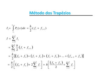 Método dos TrapéziosMétodo dos Trapézios
)(
2
)( 11
1
 

ii
x
x
i ff
h
dxxPI
i
ii
 


1
0
n
i
iII
  



1
0
1
0
2
n
i
ii
i
ff
h
        
  
 1322110 ...
2
nn ffffffff
h
   














 




1
1
0
1
1
0
2
2
2
n
i
i
n
n
i
in f
ff
hfff
h
 