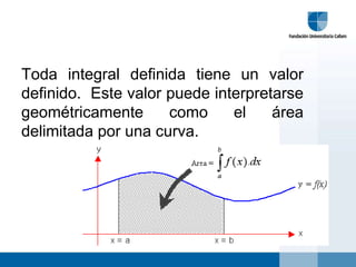 Toda integral definida tiene un valor
definido. Este valor puede interpretarse
geométricamente      como     el    área
delimitada por una curva.
 