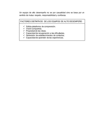 Un equipo de alto desempeño no se por casualidad sino se basa por un
sentido de mutuo respeto, responsabilidad y confianza.
FACTORES DISTINTIVOS DE LOS EQUIPOS DE ALTO DESEMPEÑO
 Sólida plataforma de comprensión.
 Visión compartida.
 Propiedad de las ideas.
 Capacidad de recuperación a las dificultades.
 Generador de establecimientos de contactos.
 Capacidad de aprender de las experiencias.
 