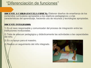 “Diferenciación de funciones”
 DOCENTE A CARGO(ESCUELA COMUN): Elaborar diseños de enseñanza de los
contenidos curriculares apropiados a los objetivos pedagógicos y a las
características del aprendizaje, haciendo uso de recursos y tecnologías apropiadas.
 DOCENTE INTEGRADOR:
 1) Es el nexo responsable y comunicador del proceso de integración entre las
instituciones involucradas.
 2) Trata de adecuar pedagógica y didácticamente las actividades a las capacidades
del niño.
 3) Es un apoyo para el maestro.
 4) Realiza un seguimiento del niño integrado.
 