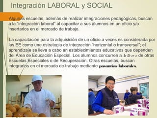 Integración LABORAL y SOCIAL
Algunas escuelas, además de realizar integraciones pedagógicas, buscan
a la “integración laboral” al capacitar a sus alumnos en un oficio y/o
insertarlos en el mercado de trabajo.
La capacitación para la adquisición de un oficio a veces es considerada por
las EE como una estrategia de integración “horizontal o transversal”; el
aprendizaje se lleva a cabo en establecimientos educativos que dependen
del Área de Educación Especial. Los alumnos concurren a talle re s de otras
Escuelas Especiales o de Recuperación. Otras escuelas, buscan
integrarlos en el mercado de trabajo mediante pasantías laborales.
 