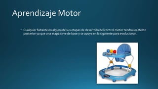 • Cualquier faltante en alguna de sus etapas de desarrollo del control motor tendrá un efecto
posterior ya que una etapa sirve de base y se apoya en la siguiente para evolucionar.
 