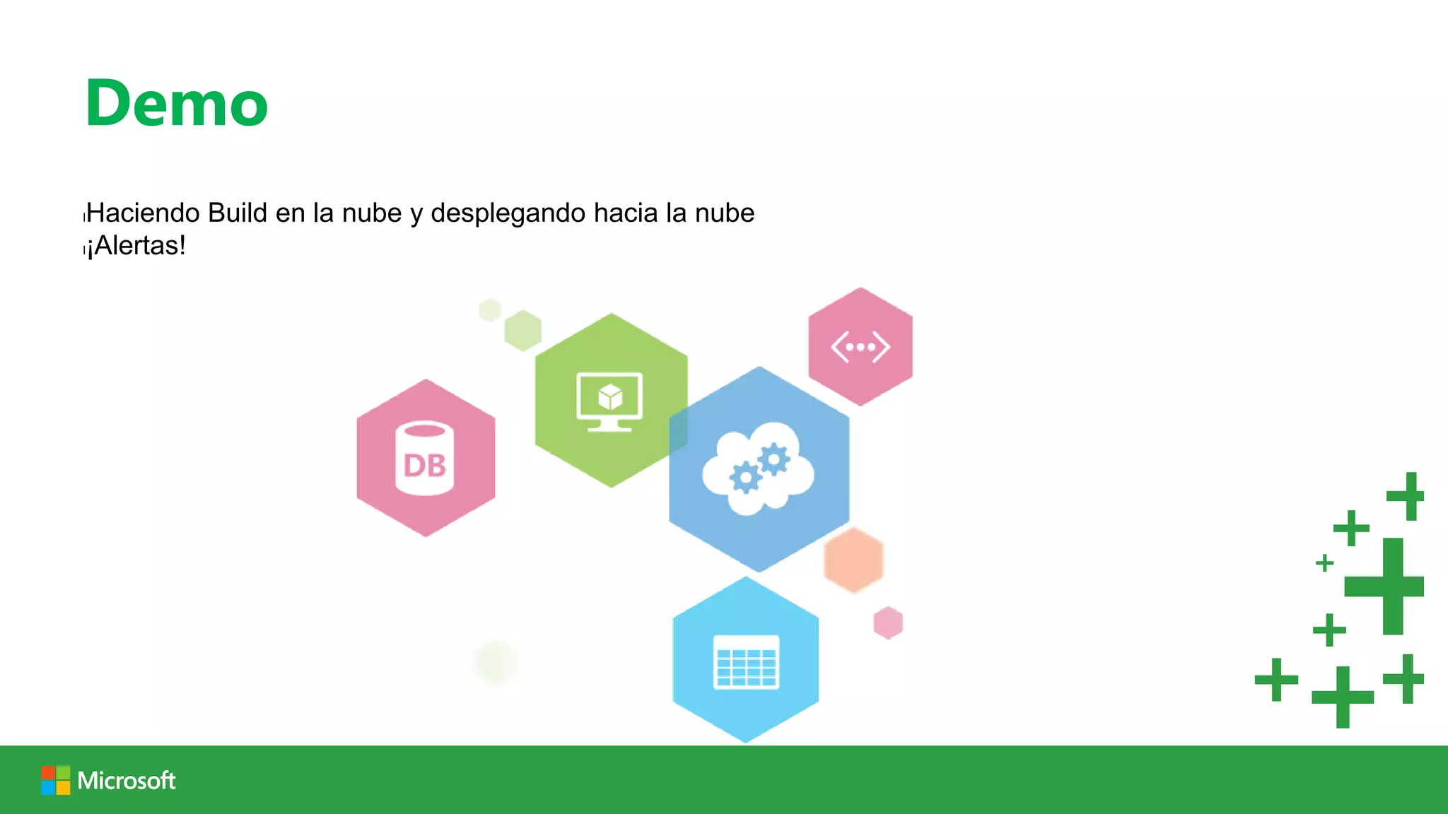 Demo
lHaciendo Build en la nube y desplegando hacia la nube
l¡Alertas!
 