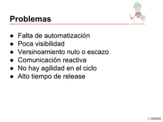 Problemas
● Falta de automatización
● Poca visibilidad
● Versinoamiento nulo o escazo
● Comunicación reactiva
● No hay agilidad en el ciclo
● Alto tiempo de release
 