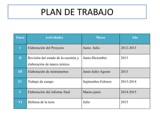 PLAN DE TRABAJO 
Fases Actividades Meses Año 
I Elaboración del Proyecto Junio- Julio 2012-2013 
II Revisión del estado de la cuestión y 
elaboración de marco teórico. 
Junio-Diciembre 2013 
III Elaboración de instrumentos Junio-Julio-Agosto 2013 
IV Trabajo de campo Septiembre-Febrero 2013-2014 
V Elaboración del informe final Marzo-junio 2014-2015 
VI Defensa de la tesis Julio 2015 
 