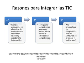 Razones para integrar las TIC 
1ª 
• Cambios 
producidos en 
el modelo de 
comunicarnos, 
establecer 
relación y 
acceder a la 
información. 
2ª 
• Se requiere 
competencias 
renovadas, 
hoy no sólo se 
necesitan 
saberes sino 
competencias. 
3ª 
• Alta 
probabilidad 
de 
marginación 
cultural 
(dificultad en 
el acceso y 
indefensión) 
Es necesario adaptar la educación acorde a lo que la sociedad actual 
demanda 
Cebrián,1998 
 